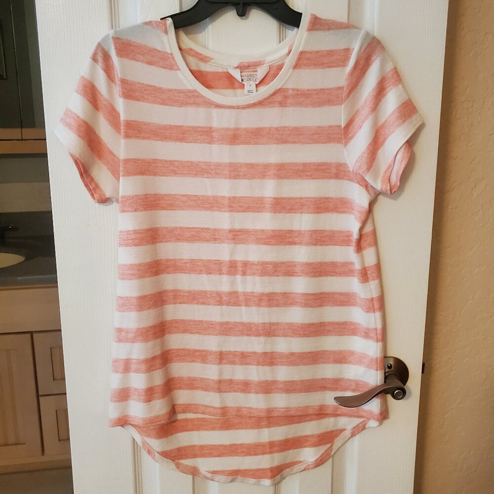 Market & Spruce striped coral and white knit top - high low hem, Size Med